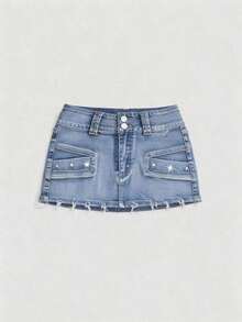 Grunge Punk Minifalda de mezclilla sexy de talle súper bajo con tachuelas y calavera vintage desgastada - Lavado ligero - Ver 6
