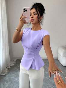 Conjunto de primavera para mujer para exteriores, adecuado para Año Nuevo, Día de San Valentín, Pascua, Día de la Madre, fiesta de Oriente Medio, boda, elegante vacación romántica francesa, lugar de trabajo, blusa sin mangas con cintura ceñida y v - Púrpura malva - Ver 5