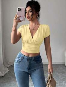 Camiseta casual de mujer con cuello en V y cruce en la cintura - Amarillo - Ver 8