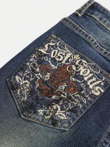 Girlism Jeans casuales acampanados con bolsillos y bordado de letras con estilo grunge y punk de moda Y2K para adolescentes, jeans para niñas para vuelta al colegio en otoño - Azul lavado oscuro - Ver 3