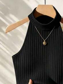 Blusa de unicolor con cuello halter, versátil para uso diario - Negro - Ver 3