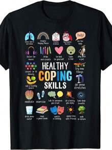 Camiseta de Mujer con Estampado 'Habilidades de Afrontamiento Saludables' y 'Concientización sobre Salud Mental', Lavable a Máquina, Cuello Redondo, 1 Pieza, Adecuada para Fiestas, Competiciones, Camiseta de Manga Corta para Mujer, Cuello Redondo, Casual, para Uso Diario y Viajes, playeras de mujer - Negro - Ver 1