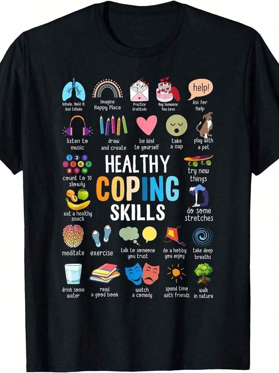 Camiseta de Mujer con Estampado 'Habilidades de Afrontamiento Saludables' y 'Concientización sobre Salud Mental', Lavable a Máquina, Cuello Redondo, 1 Pieza, Adecuada para Fiestas, Competiciones, Camiseta de Manga Corta para Mujer, Cuello Redondo, Casual, para Uso Diario y Viajes, playeras de mujer - Negro - Ver 1