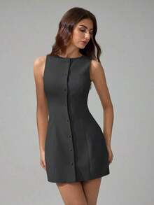 Tall Vestido mini elegante de unicolor con cuello redondo y sin mangas para mujer - Gris Oscuro - Ver 7