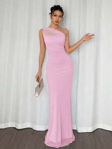 Vestido largo ajustado con cuello asimétrico elegante y romántico, adecuado para fiestas, playa, vuelta al colegio, citas románticas, temporada de bodas, cumpleaños, Pascua, primavera/verano - Rosa 2 - Ver 7