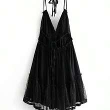 Dobby Mesh Self-Tie Ruffled Halter Dress - Negro - Ver 3