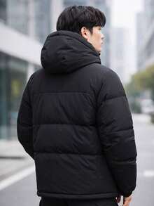 Men's Outdoor Winter Jacket, Thick Padded With Removable Hood - Black - View 3
