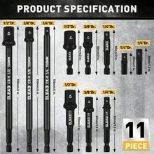 ELEAD 11件套1/4英寸六角柄重型CR-V钢冲击套筒适配器套装，通用银色六角形精密加工套筒转换器套件，适用于汽车维修、DIY项目和电动工具，男士实用工具礼品 - 14-Piece Impact Socket Adapter Set - 查看 4