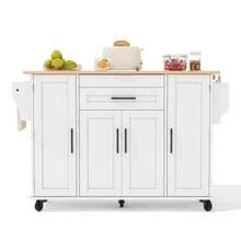 120*45 Cm, Mobile Kitchen Island, Kitchen Trolley, Worktop Extendable Up To 70 Cm, Hidden Cutlery Drawer, Adjustable Shelves, Spice Rack And Towel Rack, Suitable For Kitchen, Dining Room Or Living Room. - White - View 9
