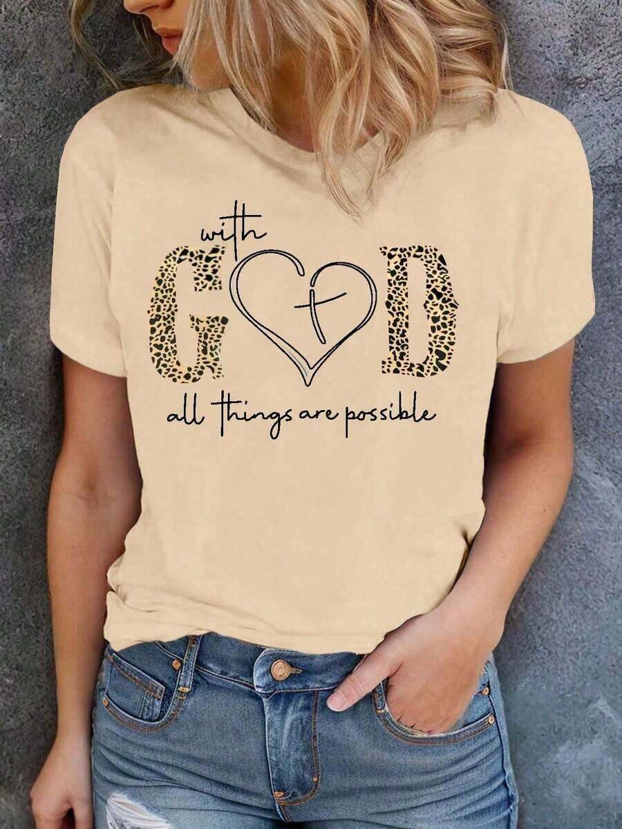 1 Camiseta de moda casual para hombres y mujeres con gráfico de corazón y el eslogan "Con Dios todas las cosas son posibles" para mujeres. Versátil, fácil de combinar, adecuada para uso diario, estilo urbano, conjuntos de vacaciones, conjuntos de fin de semana. - Albaricoque - Ver 1