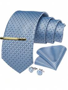 Men's Blue Plaid Necktie Set - Includes Pocket Square, Cufflinks And Gold Tie Clip, Fashionable For Business Formal Occasions - Baby Blue - View 1