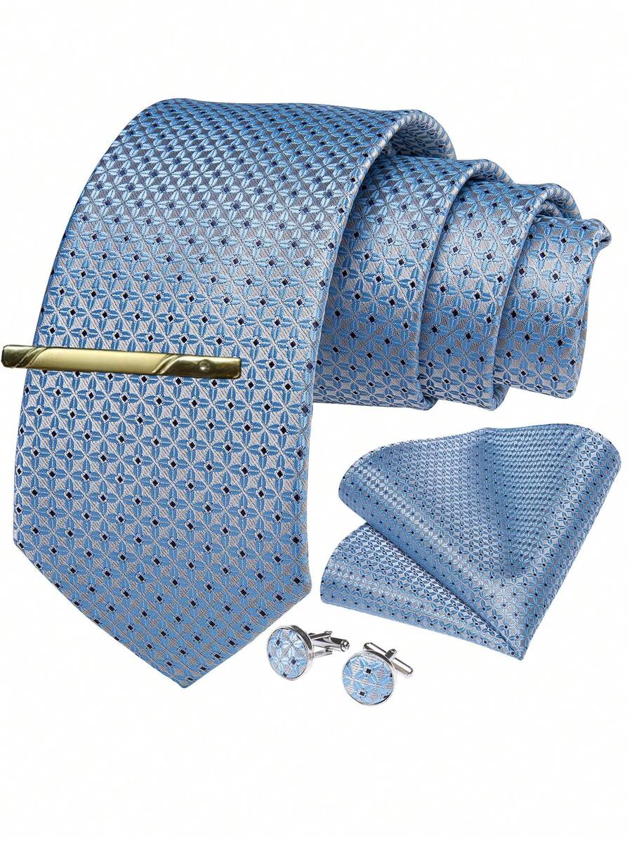 Men's Blue Plaid Necktie Set - Includes Pocket Square, Cufflinks And Gold Tie Clip, Fashionable For Business Formal Occasions - Baby Blue - View 1