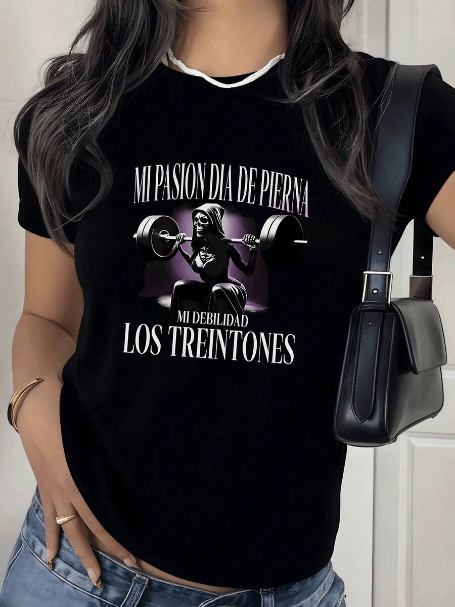 Mujer Camiseta de manga corta con estampado térmico de calavera levantando pesas en tonos morado y blanco, diseño de calavera estilo oscuro, estilo único casual - Negro - Ver 1