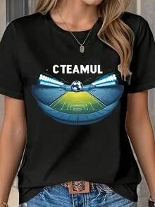 Camiseta con estampado de estadio de fútbol con luces para mujer, camiseta de manga corta de cuello redondo con colores azul y verde, estilo deportivo moderno - Negro - Ver 7