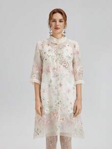 Rich Radi Q's 女士半透明花卉刺绣衬衫式外套，半袖及膝立领梭织面料优雅外套，女士夏季服装 - 白色 - 查看 13