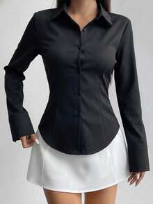 Camisa de manga larga con cuello y botones, de corte slim, de primavera/otoño para mujer, de moda minimalista, elegante y casual, esencial para deportes - Negro - Ver 3