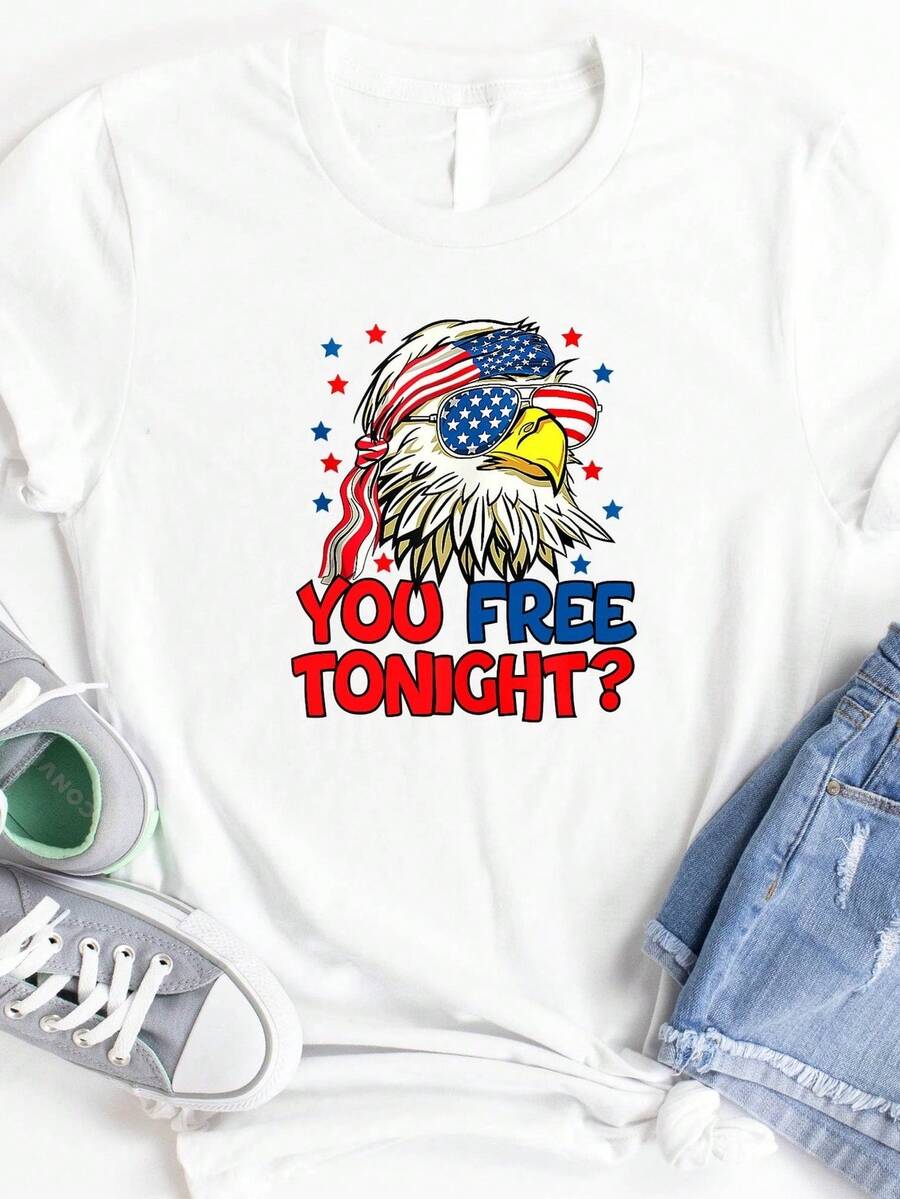 Camiseta You Free Tonight, Camiseta del 4 de julio, Camiseta con la bandera de EE. UU., Camiseta del águila, Feliz Día de la Independencia, Camiseta de la libertad. Camiseta unisex de algodón puro de 220 g, peso ideal para todas las estaciones, adecuada tanto para hombres como para mujeres. Tejido duradero de alta calidad, suave al tacto y de larga duración. Parte superior transpirable. Adecuada para la primavera y el verano de las mujeres, vacaciones, Día de la Madre, Día de la Independencia. - Blanco - Ver 1