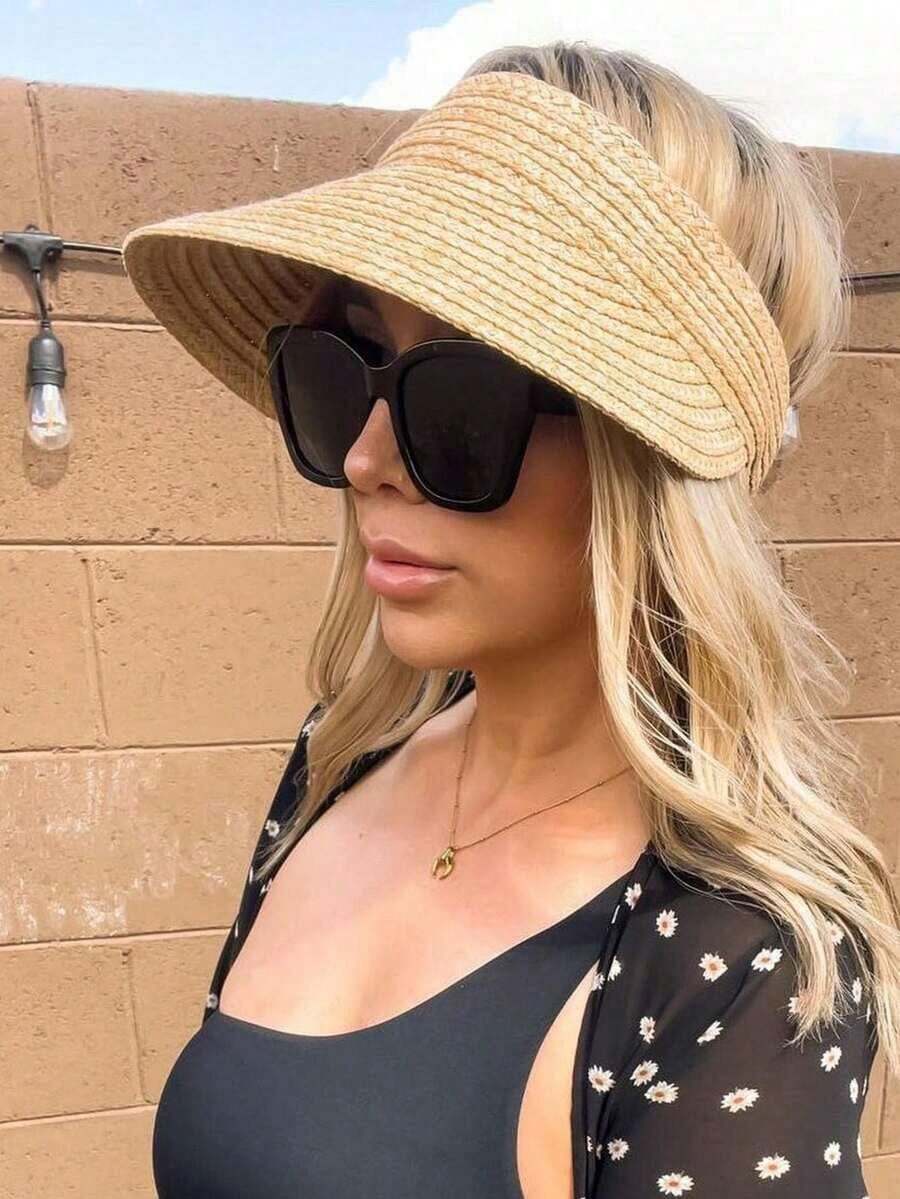 1 Piece Raffia Straw Visor Hat, Tea Color - Beige - View 1
