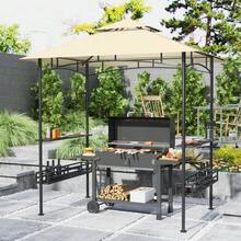 BBQ Pavilion Measuring 240 X 150 X 257 Cm, Waterproof, Fireproof, Garden Pavilion With Double Roof, Side Shelves, Garden Gazebo With UV Protection, Steel BBQ Pavilion, Party BBQ Tent, Beige Color. - Beige - View 9