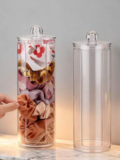 1/2pcs Acrylic Makeup Organizer Box, Removable Lid Cotton Pad Storage Jar, Convenient Opening For Easy Access, Makeup Sponge And Hair Accessory Holder, Jewelry Storage Container, Suitable For Bathroom, Bedroom Vanity, Home Decor