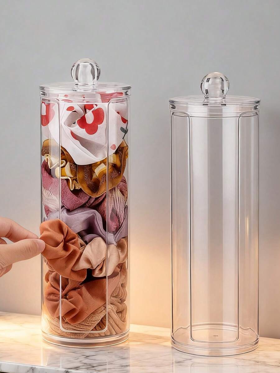 1/2pcs Acrylic Makeup Organizer Box, Removable Lid Cotton Pad Storage Jar, Convenient Opening For Easy Access, Makeup Sponge And Hair Accessory Holder, Jewelry Storage Container, Suitable For Bathroom, Bedroom Vanity, Home Decor