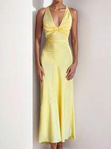 Nueva Llegada Vestido Largo Cuello V Plisado Ajustado Elegante Sensual - Amarillo - Ver 2