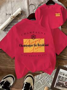 Camiseta vintage para mujer [estampado a doble cara], de manga corta, cuello redondo, estilo casual, con la marca "Champagne" y la frase "Champagne for Breakfast" impresa en un rectángulo amarillo en la parte trasera, lavable a máquina, adecuada para uso casual, ropa multiusos, camiseta a la moda, material cómodo, para entusiastas de la moda. - Rojo - Ver 12