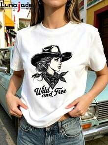 [Nacional Envio] Lunajade Algodón puro Camiseta Oversize Estampada Vaquera Con Sombrero Y Pañuelo Retro Para Mujer, Streetwear, Ajuste Holgado playeras de mujer - Estilo III - Ver 7