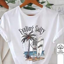 Camiseta de Mujer 100% con Estampado Gráfico |     Camiseta Casual de Manga Corta con Cuello Redondo, Diseño Divertido de Esqueleto Surfista en la Playa, para Verano y Primavera, Lavable a Máquina, Ropa de Primavera, Diseño Juguetón, Corte Relajado, Moda de Primavera, Tela Transpirable, Camiseta Estampada para Verano - Blanco - Ver 7