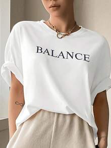 Fashion Printed T‑Shirts for Women, Oversized Streetwear Tops, Comfortable and Stylish All‑Match Summer TeesPlayera de Mujer de Algodón Puro con Estampado Moderno BALANCE", Diseño Casual y Cómodo para Primavera y Verano, Cuello Redondo Suave, Estilo Urbano Elegante - Blanco - Ver 1