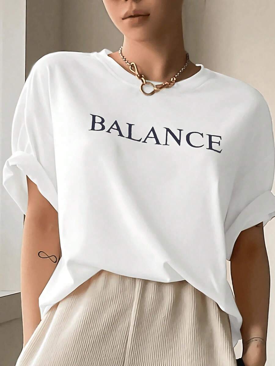 Fashion Printed T‑Shirts for Women, Oversized Streetwear Tops, Comfortable and Stylish All‑Match Summer TeesPlayera de Mujer de Algodón Puro con Estampado Moderno BALANCE", Diseño Casual y Cómodo para Primavera y Verano, Cuello Redondo Suave, Estilo Urbano Elegante - Blanco - Ver 1
