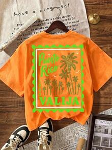 Camiseta casual de mujer con cuello redondo y manga corta, con un estampado gráfico de palmeras y cocoteros en el borde, ideal para vacaciones de primavera y verano. - Naranja - Ver 2