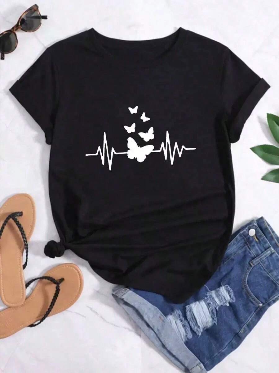 Camiseta suelta de mujer con estampado de mariposa en líneaPure-Cotton - Negro - Ver 1