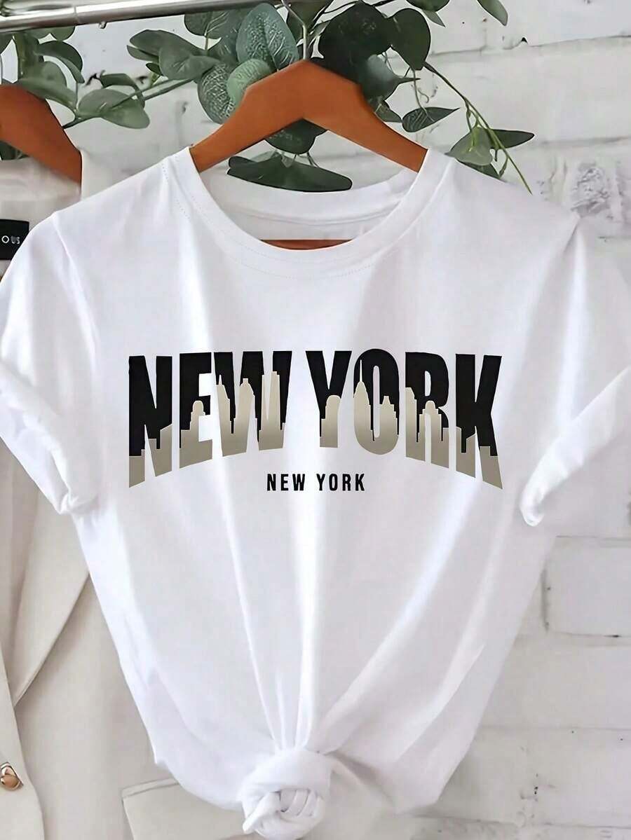 short sleevesMujer Camiseta de mujer México Envío Tela transpirable de alta calidad Estampado de Lavado a máquina Fresco Deportes Cuello redondo Casual Manga corta Versátil Nueva Era Lavable a máquina, top casual de cuello redondo de deportes de trabajo estudiantil, moda cómoda y moderna | vestidos de mujer verano almacen localCamisa blanca con el impresionante diseño de "NEW YORK" que te hará destacar en cualquier ocasión, con un estilo simple y elegante perfecto para el día a día o para salir con amigosLeisure - Blanco - Ver 1