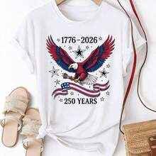 Camiseta de manga corta con cuello redondo y diseño de la bandera estadounidense para mujer, 250 años 1776 - 2026, diseño de la bandera de los Estados Unidos. Camiseta de manga corta con cuello redondo para mujer, cómoda, transpirable y adecuada para uso diario casual y fiestas de verano, envío local, camiseta de verano. - Blanco - Ver 2