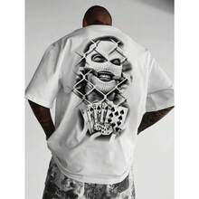 ‌Camiseta de Hombre con Estampado de Iron Wire y Cartas de Poker, Estilo Urbano para Verano‌ - Blanco - Ver 2