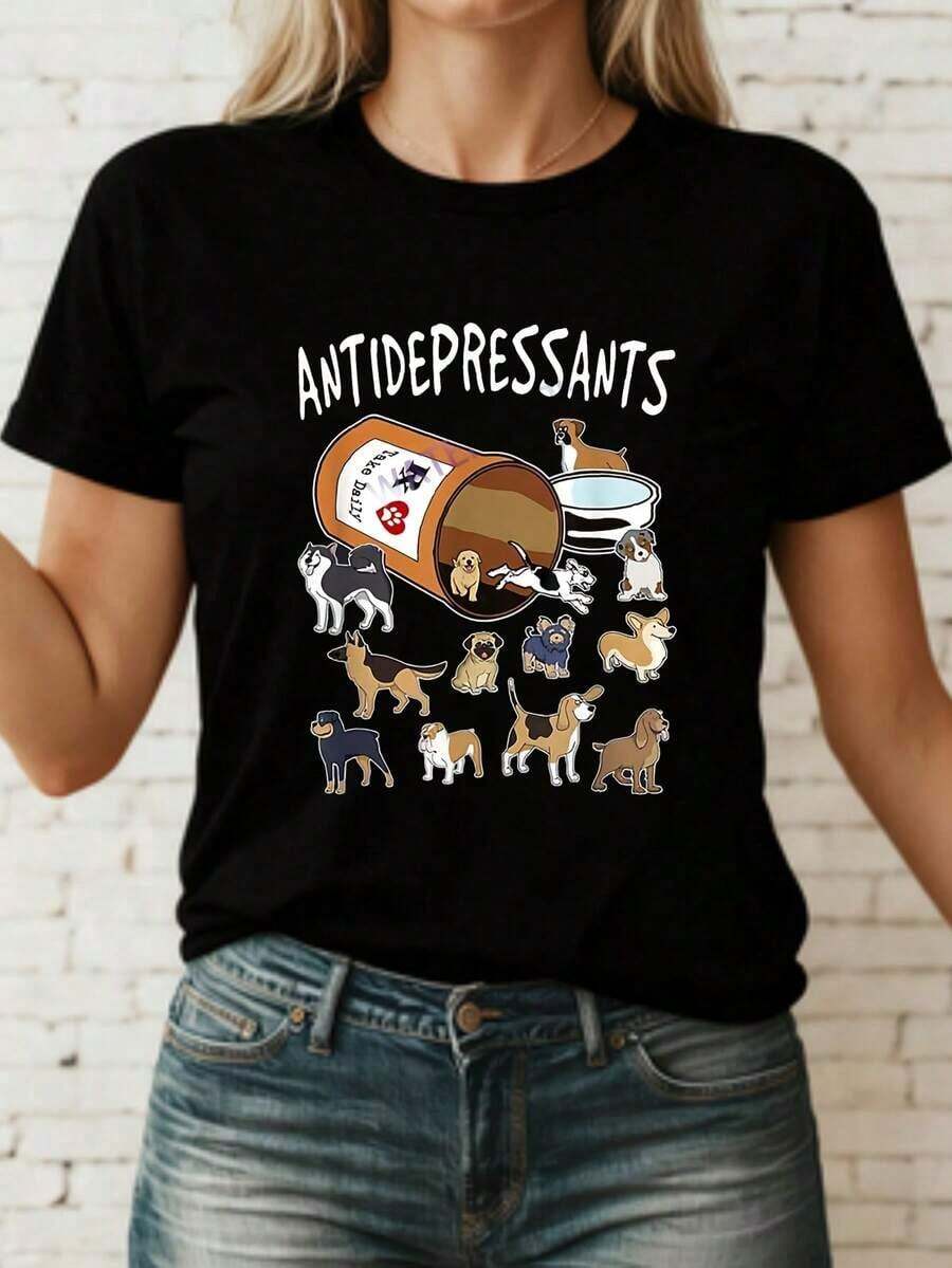MinimalistCamiseta Negra con Estampado de Perros y Frasco de Antidepresivos para Mujer Camiseta Divertida con Diseño de Animales y Texto Antidepresants Camiseta Casual con Grafico de Mascotas y MedicinaWomen's Simple Solid Color T-shirt, Loose and Slim Fit Casual Short Sleeve - Negro - Ver 1