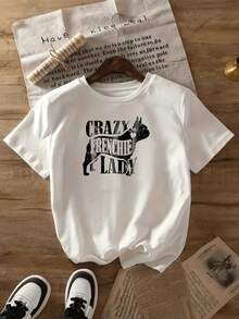 Minimalist White Short Sleeve T-Shirt With Crazy French  Graphic Print, Women's Casual Everyday Wear, Urban Style, Simple Solid Color T-Shirt For Women, Loose Fit, Casual Short Sleeve - 白色的 - 查看 3