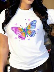 Camiseta negra estilo Y2K para mujer con estampado vibrante de mariposas y corazones arcoíris - Top casual con degradado en rosa pastel y azul, manga corta, cuello redondo, camiseta de moda de otoño para atuendos casuales, fiestas y combinaciones de capas. - Blanco - Ver 6