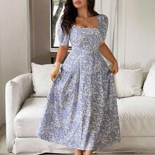 Plus Size Women's Spring/Summer French Chic Elegant Commuting Casual Beach Holiday Blue & White Floral Square Neck Cinched Waist Ruched A-Line Maxi Dress - Azul y blanco - Ver 5