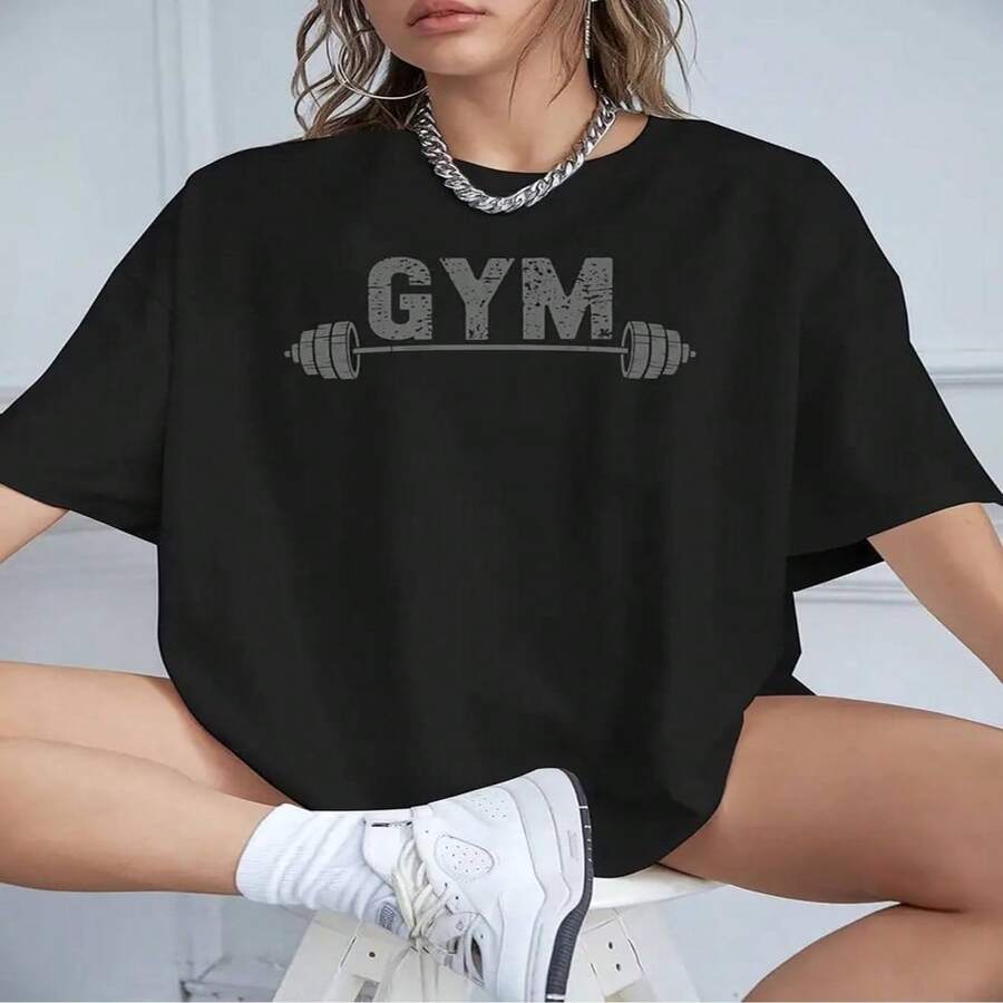 Women's Casual Cotton Blend Short Sleeve Round Neck T-shirt with Gym Barbell Print - Negro - Ver 1