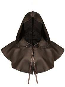 1PC Medieval Brown Hooded Capelet, Short Hooded Cloak For Gothic Witch Cosplay For LARP And Halloween Cosplay Props,Party - A - View 4