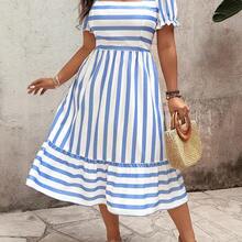 Clasi Elegant Pattern Plus Size Women Long Dress, Spring/Summer - Azul y blanco - Ver 6