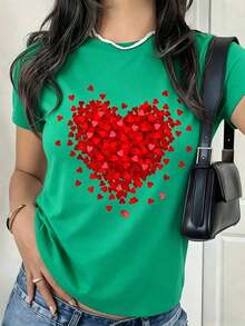 Camiseta Gráfica de Corazones Rojos de Manga Corta, Camiseta con Estampado de Amor para el Día de San Valentín, Bonita Camiseta Casual Romántica y Estética. - Camiseta Unisex de Algodón de Manga Corta y Cuello Redondo de Estilo Urbano Vintage. - Verde - Ver 6