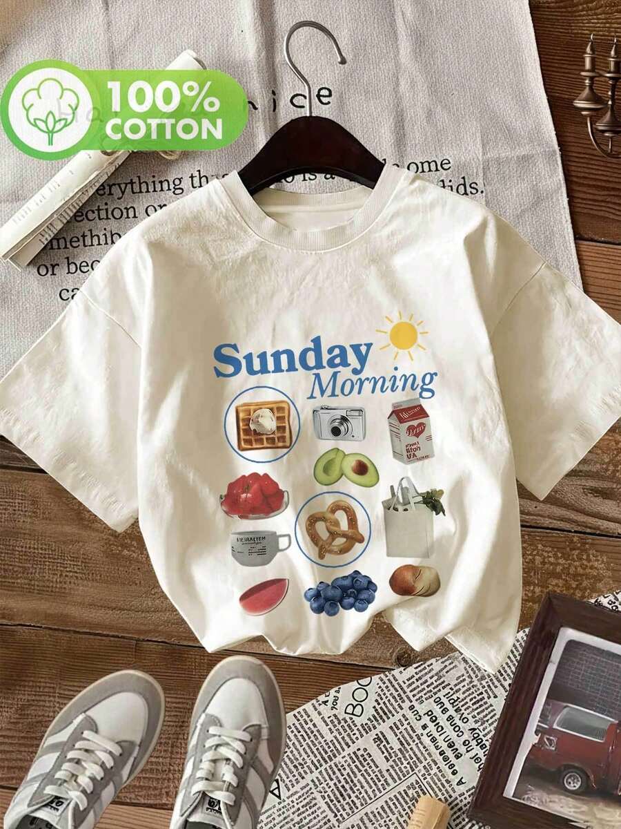 Camiseta de manga corta con cuello redondo para mujer, estilo vintage, con estampado de cámara, 100% algodón, para primavera/verano. - Albaricoque - Ver 1
