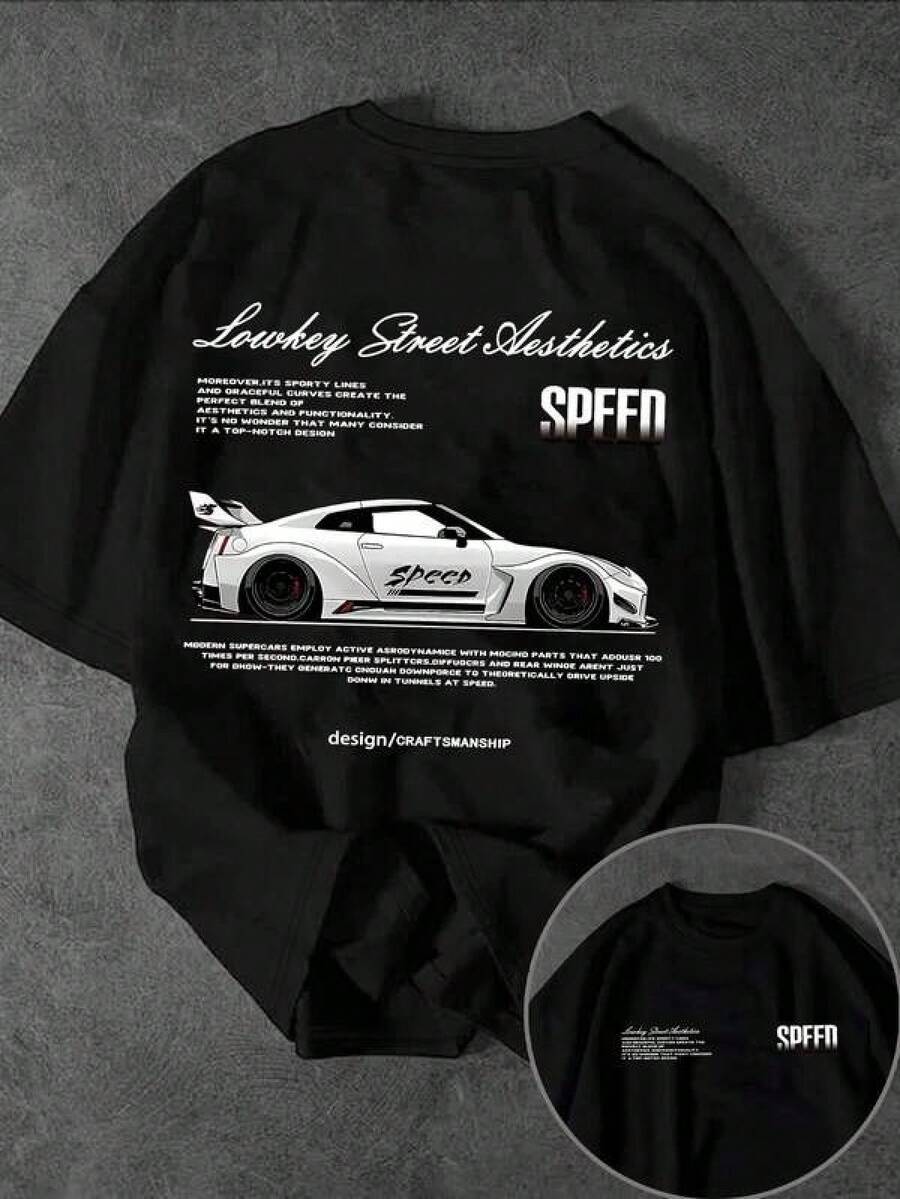Camiseta de manga corta con cuello redondo y estampado gráfico minimalista para hombres de talla grande - Negro - Ver 1