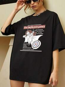 The Image Shows A Brave Woman With A Bow And Arrows Aiming At A Target, Symbolizing Determination, Courage, Freedom, And The Pursuit Of Personal Goals In Traditional Games, Inspiring Female Strength And Self-Improvement. A Stylish And Comfortable Women's T-Shirt For Everyday Wear. - 黑色 - 查看 1