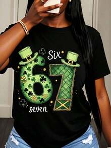 Camiseta Festiva para Mujer con Diseño de Trébol Verde para Celebración del Día de San Patricio, Modelo Six Seven Leprechaun Hat Shamrock - Negro - Ver 7