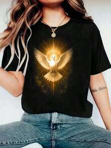 Camiseta de mujerCamiseta de Cuello Redondo para Mujeres Impresa con Dios del Espíritu Santo, Camiseta de Moda para Mujeres con Impresión de la Iglesia del Espíritu Santo, Camiseta de Manga Corta Casual para Mujeres, Blusa Promocional para Mujeres, Camiseta Promocional, Blusa para Mujeres, Verano, Blusas Elegantes para MujeresCómoda y ligera - Negro - Ver 1