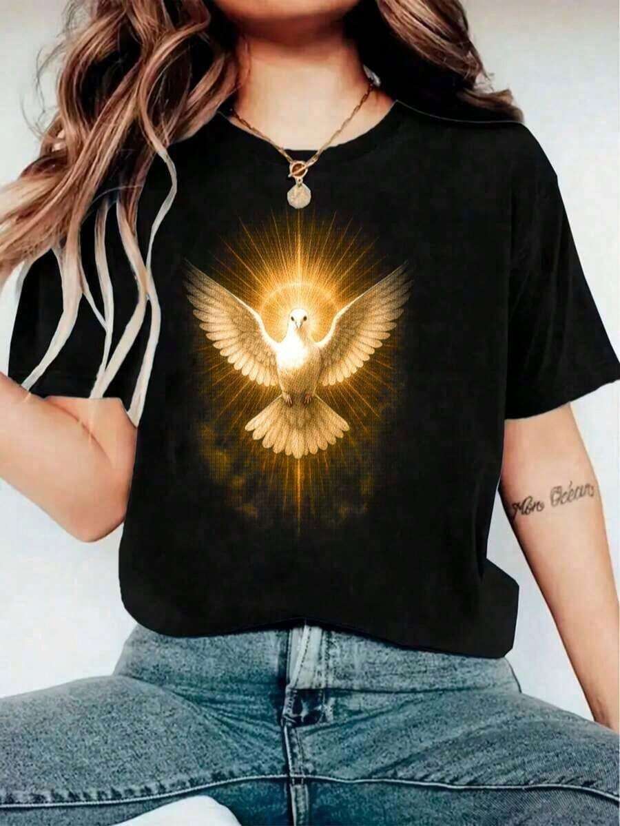 Camiseta de mujerCamiseta de Cuello Redondo para Mujeres Impresa con Dios del Espíritu Santo, Camiseta de Moda para Mujeres con Impresión de la Iglesia del Espíritu Santo, Camiseta de Manga Corta Casual para Mujeres, Blusa Promocional para Mujeres, Camiseta Promocional, Blusa para Mujeres, Verano, Blusas Elegantes para MujeresCómoda y ligera - Negro - Ver 1